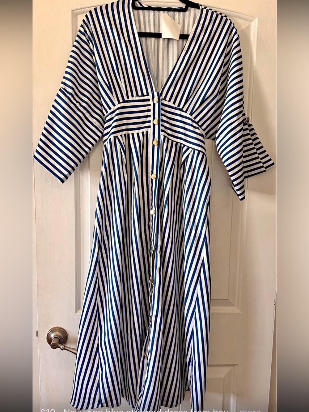 NWT Boutique Striped Gold Button-Front Midi Dress in Navy and White Size Medium